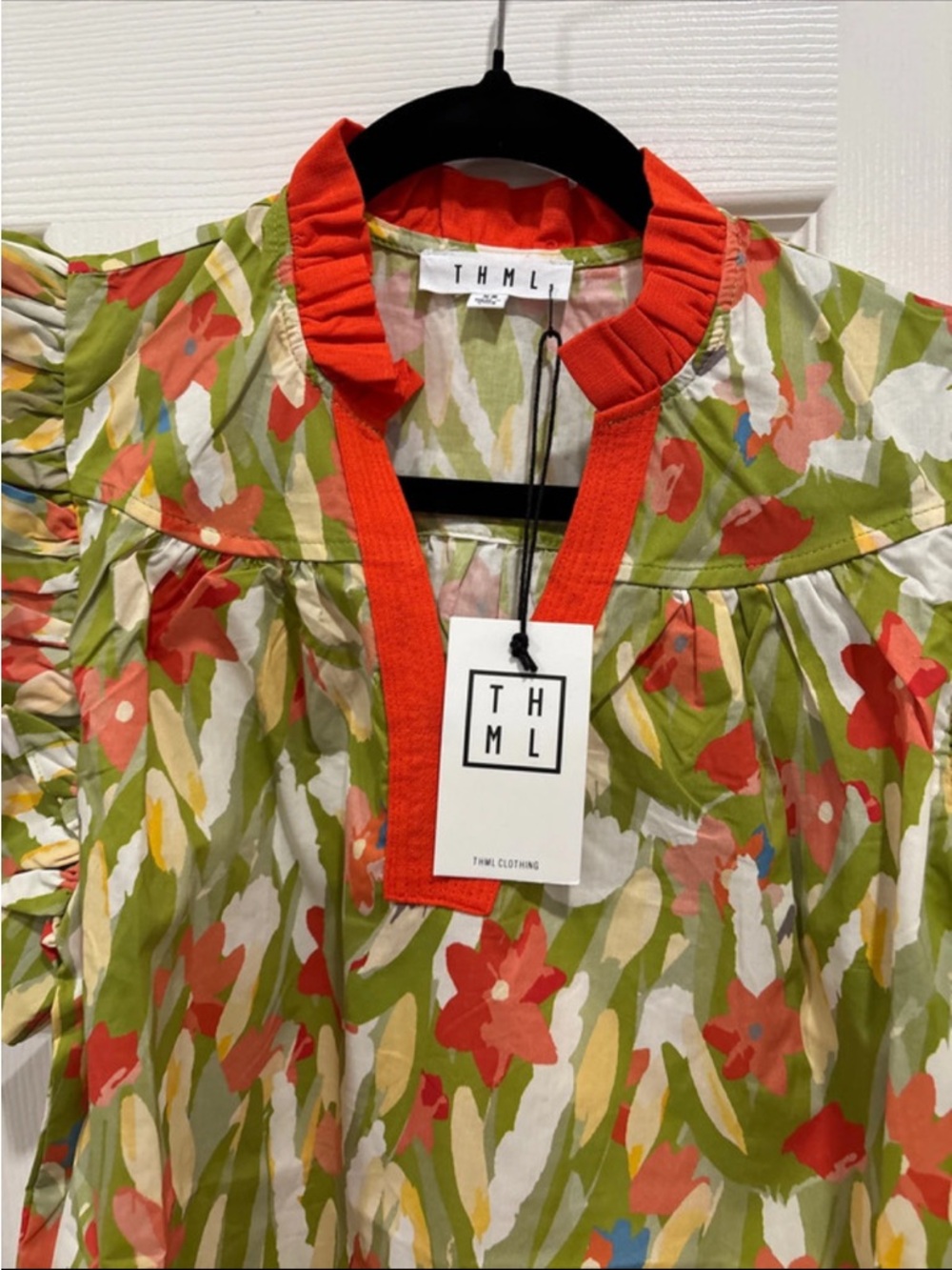 THML Green Floral Blouse with Coral Trim